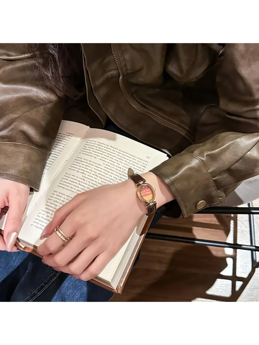Women's Brown Gold Fashion Small Oval Quartz Leather Band Minimalist Wrist Watch